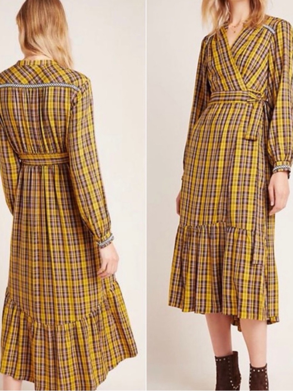 Anthropologie M Dalton Wrap Maxi Dress Plaid Brown Yellow Academia Long Sleeve